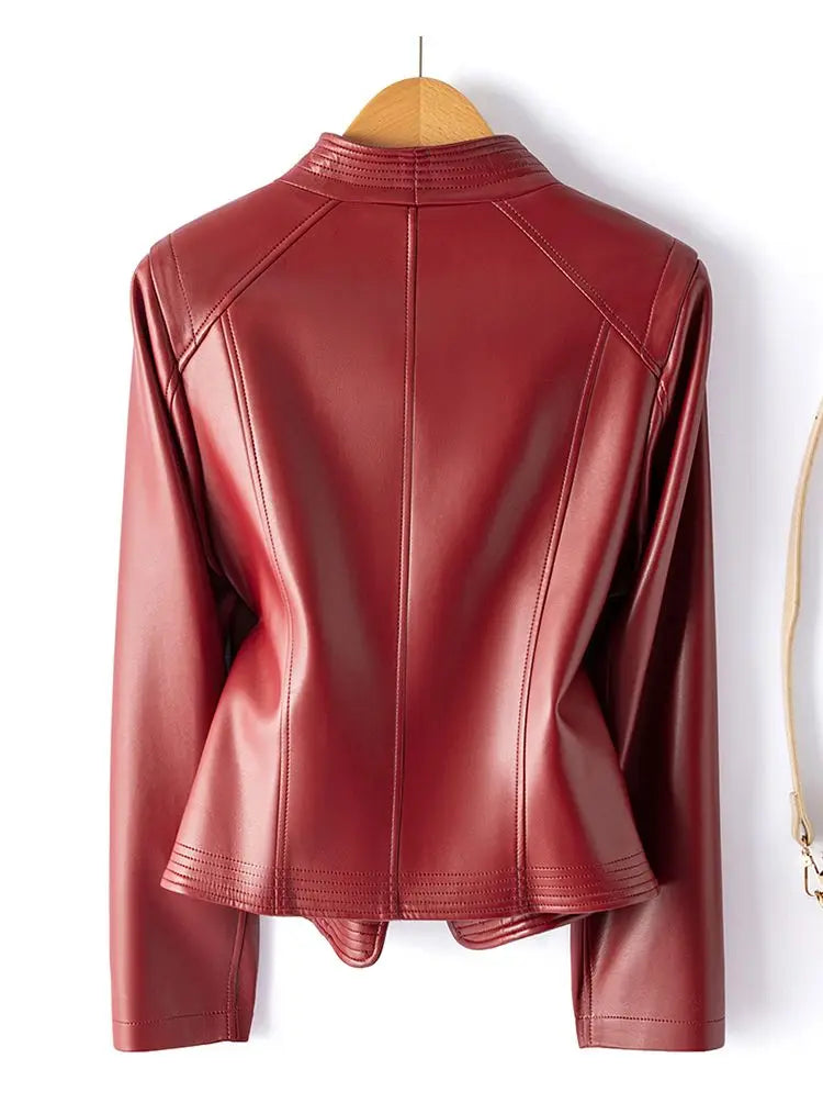 Women’s Sheepskin Leather Jacket – Short Slim Fit Split Design Coat in Black or Wine Red (M–5XL)