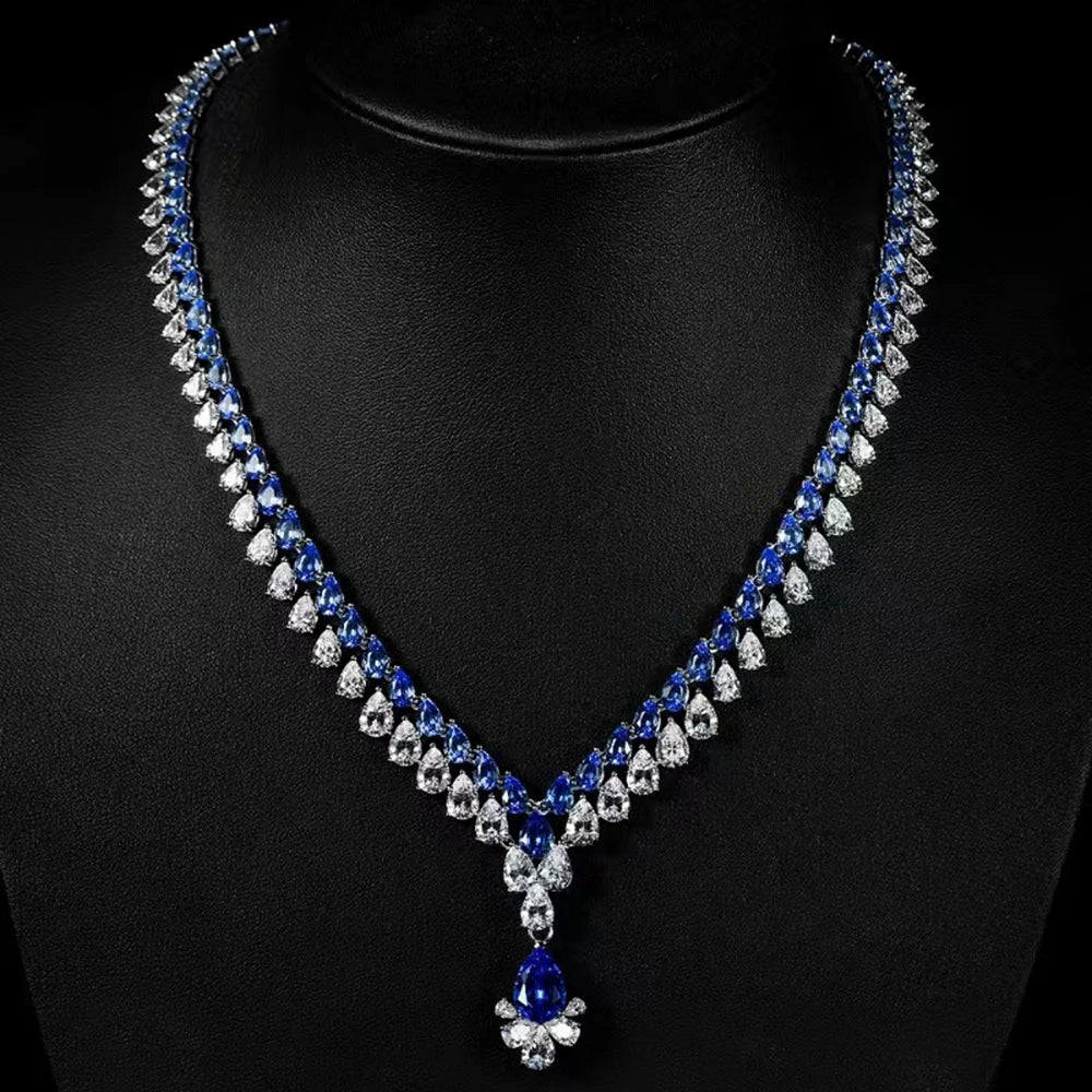 Elegant 925 Sterling Silver Blue Pear Spinel & Ruby Pendant Necklace  -  High Carbon Diamond Gemstone Jewelry