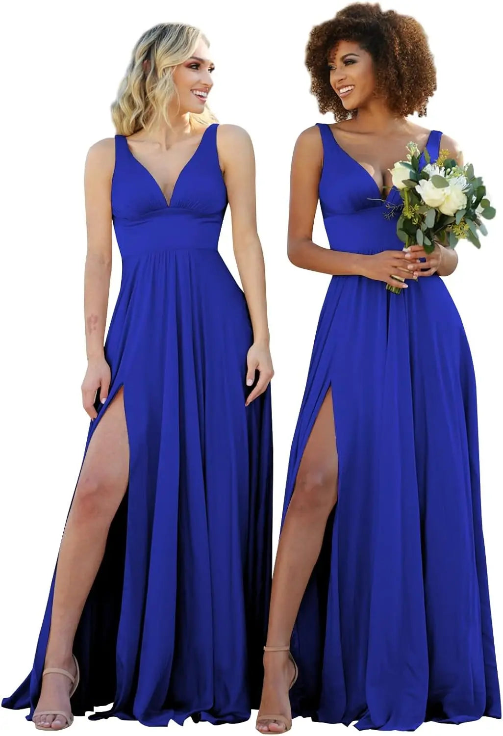 Champagne Gold Bridesmaid Dress – Elegant V-Neck Satin Chiffon Gown for Wedding, Prom & Formal Events