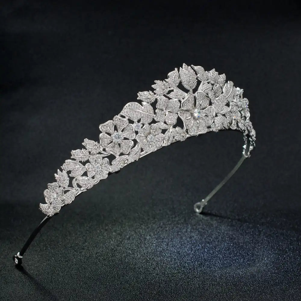 Popular Cubic Zirconia Flower Bud Wedding Tiara for Girls Sparkling CZ Bridal Headpiece for Parties & Special Occasions