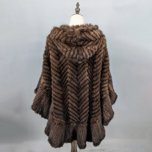 Luxury Real Knitted Mink Fur Cape with Hood – Ruffle Shawl Zipper Wrap for Women (Plus Size) - HER SHOP®