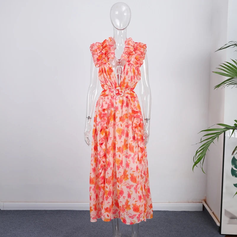 2025 New Women's Print Ruffle Hollow-Out Maxi Dress  -  Backless, Sleeveless, Lace-Up High Waist Split Beach Dress