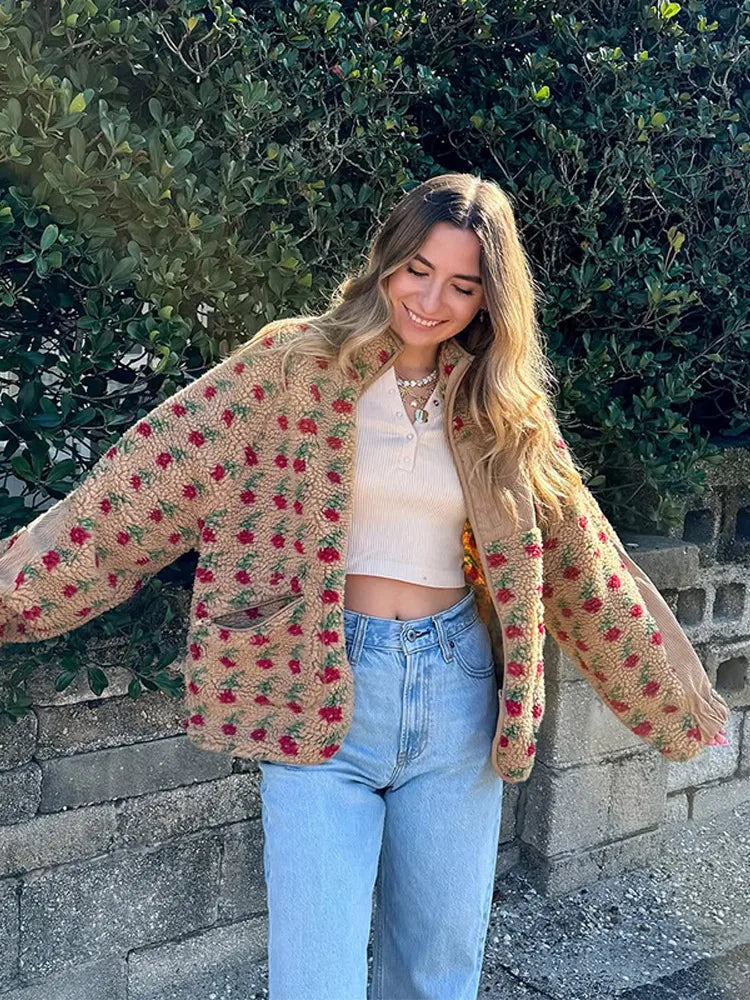 Retro Printed Plush Zipper Short Jacket Women Casual Loose High Neck Pocket Jackets Coat Lady 2025 Versatile Chic Street Outwear