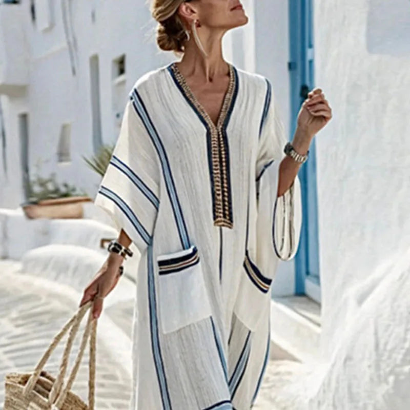 Vintage Bohemian Striped Maxi Dress – Summer V-Neck Flare Sleeve Casual A-Line Dress with Pockets for Women