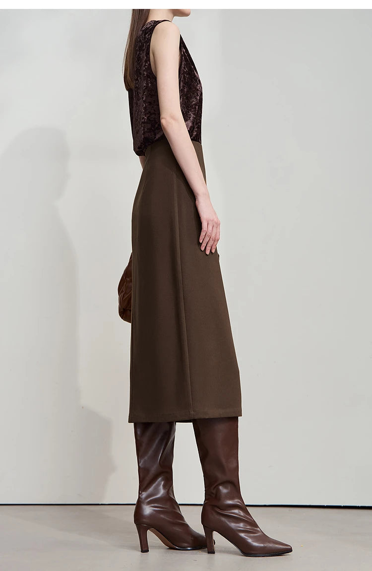 Minimalist Women's Brown Midi Skirt  |  2025 Autumn Retro Brushed Twill Side Slit Office Lady Skirt