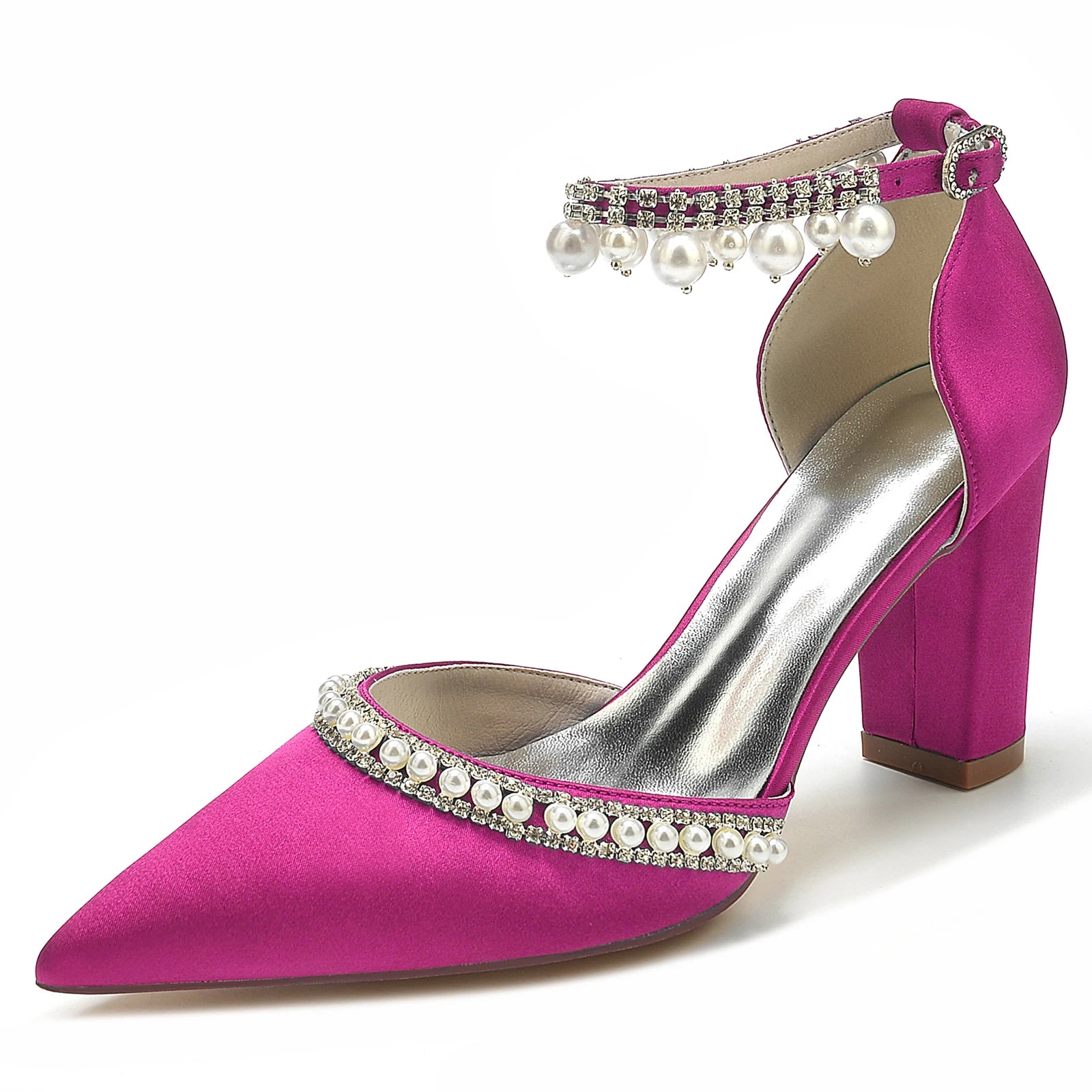 Elegant Satin Evening Pumps with Thick Block Heel, Pearls & Ankle Strap  -  Bridal, Prom, Party Shoes
