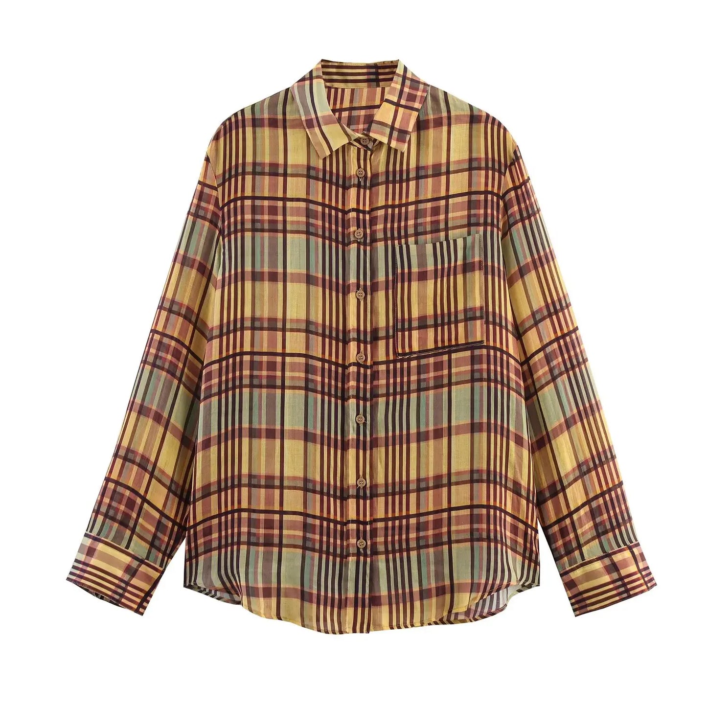 Spring New Women’s Fashionable Linen Plaid Shirt – Loose Fit French Style, Polyester Fiber, Long Sleeve, Non-Shrink