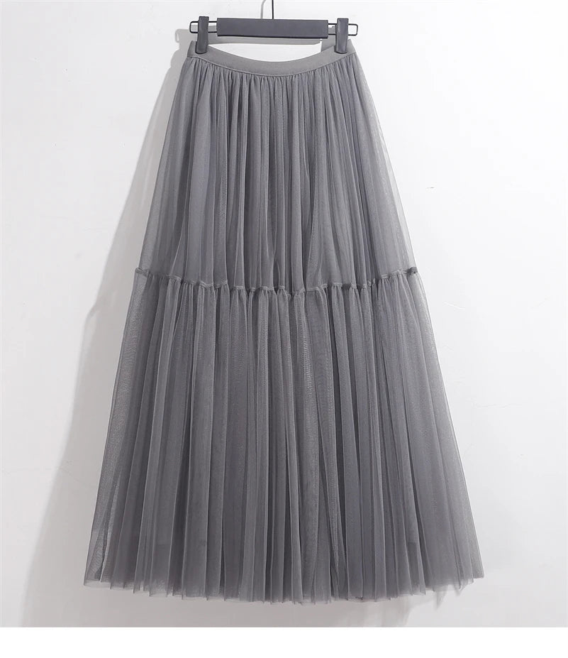Elegant High Waist Tulle Skirt – Solid Color A-Line Mesh Tutu Skirt for Women