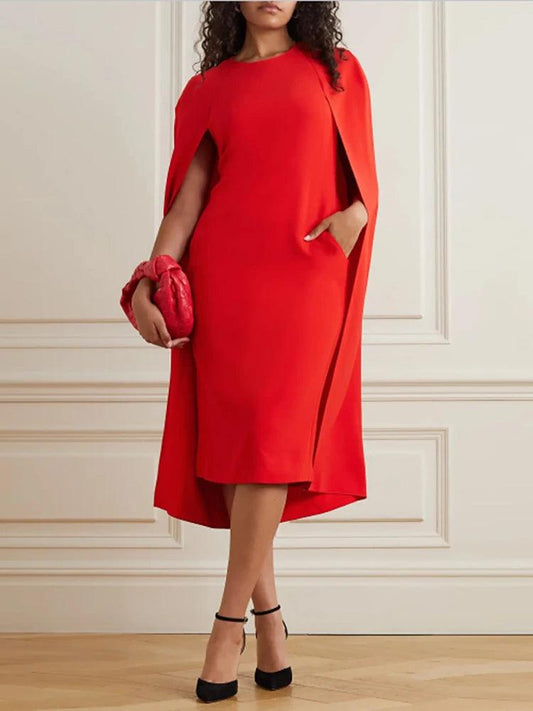 Chic Red O-Neck Evening Dress with Cape Sleeves - HER SHOP