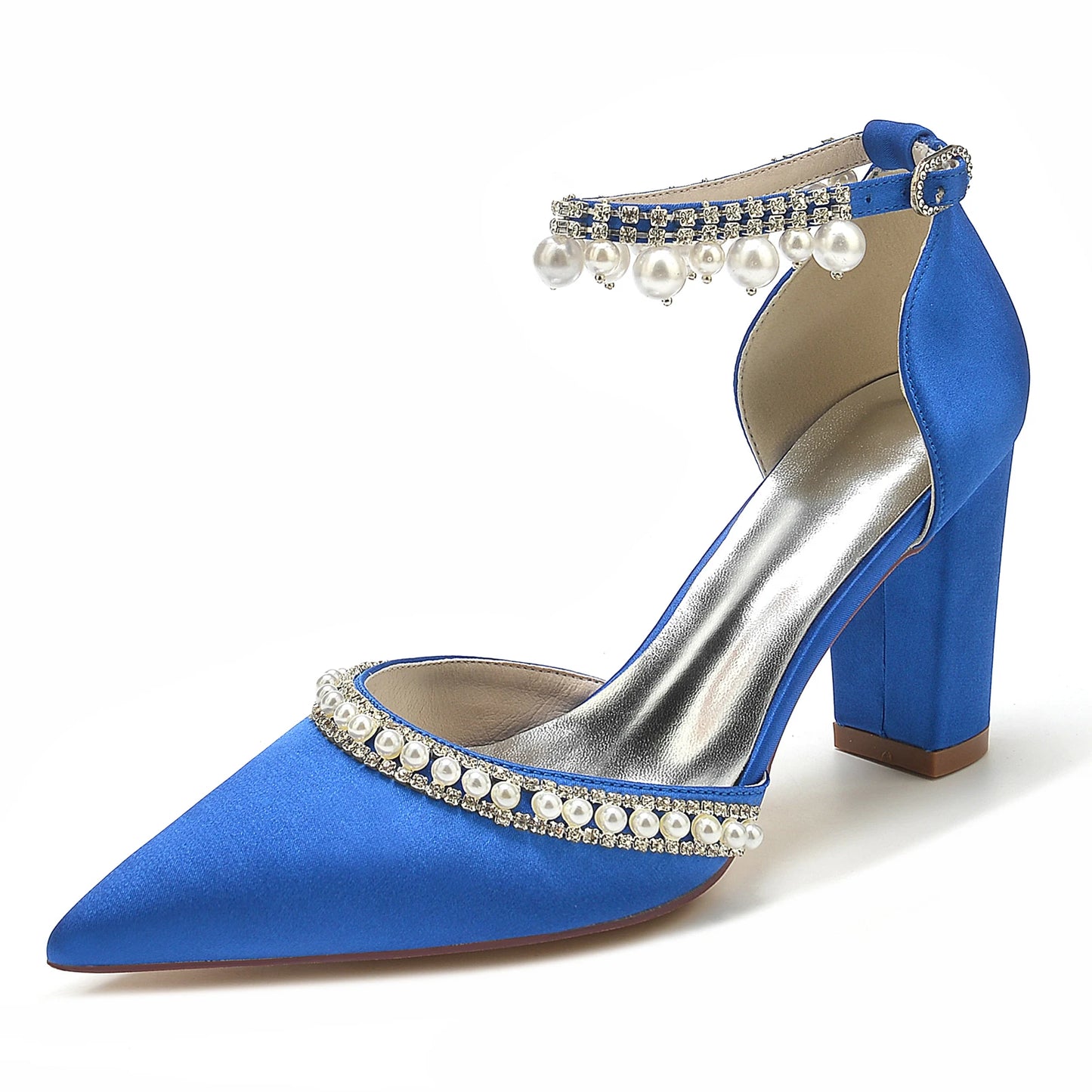 Elegant Satin Evening Pumps with Thick Block Heel, Pearls & Ankle Strap – Bridal, Prom, Party Shoes