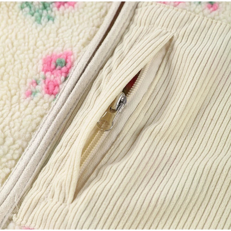 Retro Printed Plush Zipper Short Jacket Women Casual Loose High Neck Pocket Jackets Coat Lady 2025 Versatile Chic Street Outwear