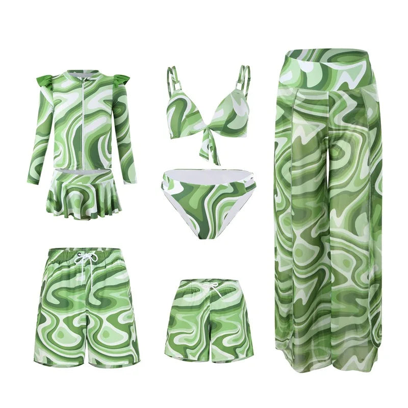Leaf Print Swimwear Family Matching Outfits Look Mother Daughter Bikini Swimsuits Mommy and Me Clothes Dad Son Swimming Trunks
