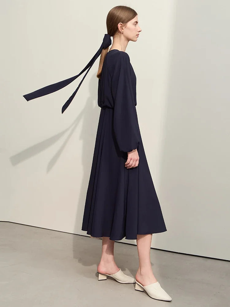 Minimalist Women's Chiffon Dress - 2024 Spring Collection, Solid Color, Loose A-Line Design, Lantern Sleeves, Long Dress with Detachable Belt
