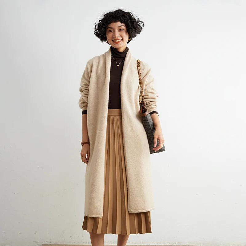 Hot Sale Autumn/Winter 100% Cashmere Cardigan – Women€™s Long, Loose-Fit Solid Color Soft Knitted Sweater, Large Size - HER SHOP