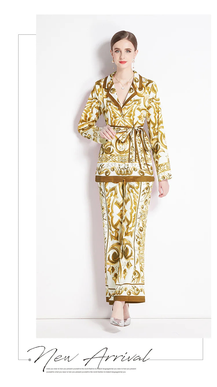 2025 Spring Yellow Floral Print Two-Piece Set – Long Sleeve Shirt with Waist-Cinching Slim Pants