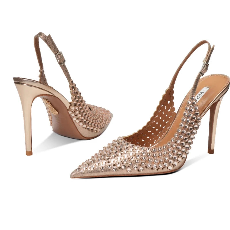 Diamond high heels for women in2025with a single button back strap,sexy wedding shoes for brides,slim heels,pointed toe sandals - HER SHOP