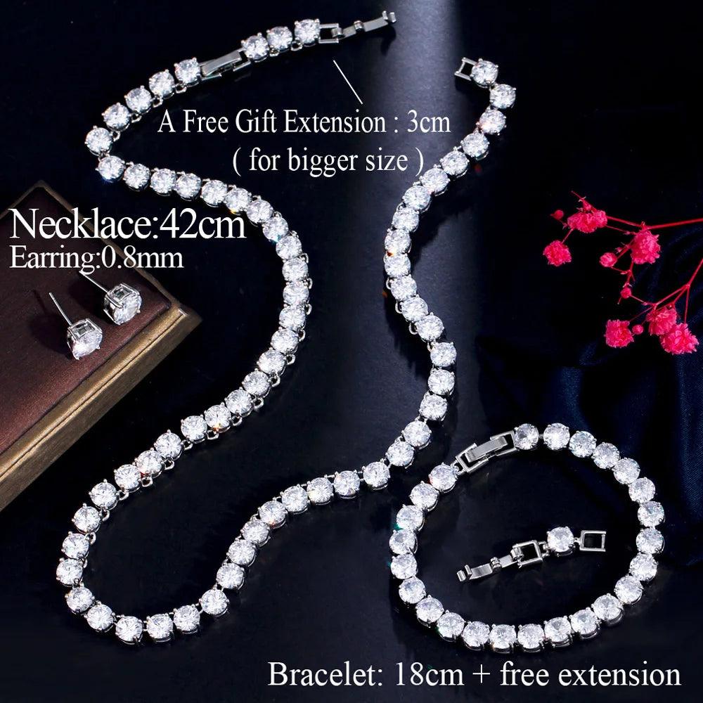 Shiny White CZ Crystal Tennis Wedding Jewelry Set – Choker Necklace, Earrings, and Bracelet (3-Piece Set)