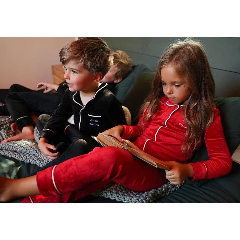 Ali Plus AW25 Grandfather Pjs Black And Red Ribbed Velour Brother And Sister Matches Clothing