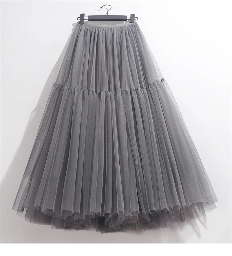 Elegant High Waist Tulle Skirt – Solid Color A-Line Mesh Tutu Skirt for Women