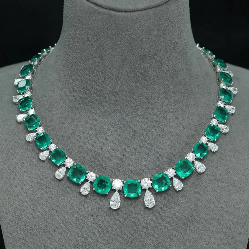 Vintage 100% 925 Sterling Silver 17MM Emerald High-Carbon Diamond Gemstone Pendant Necklace Fine Jewelry, Anniversary Gifts