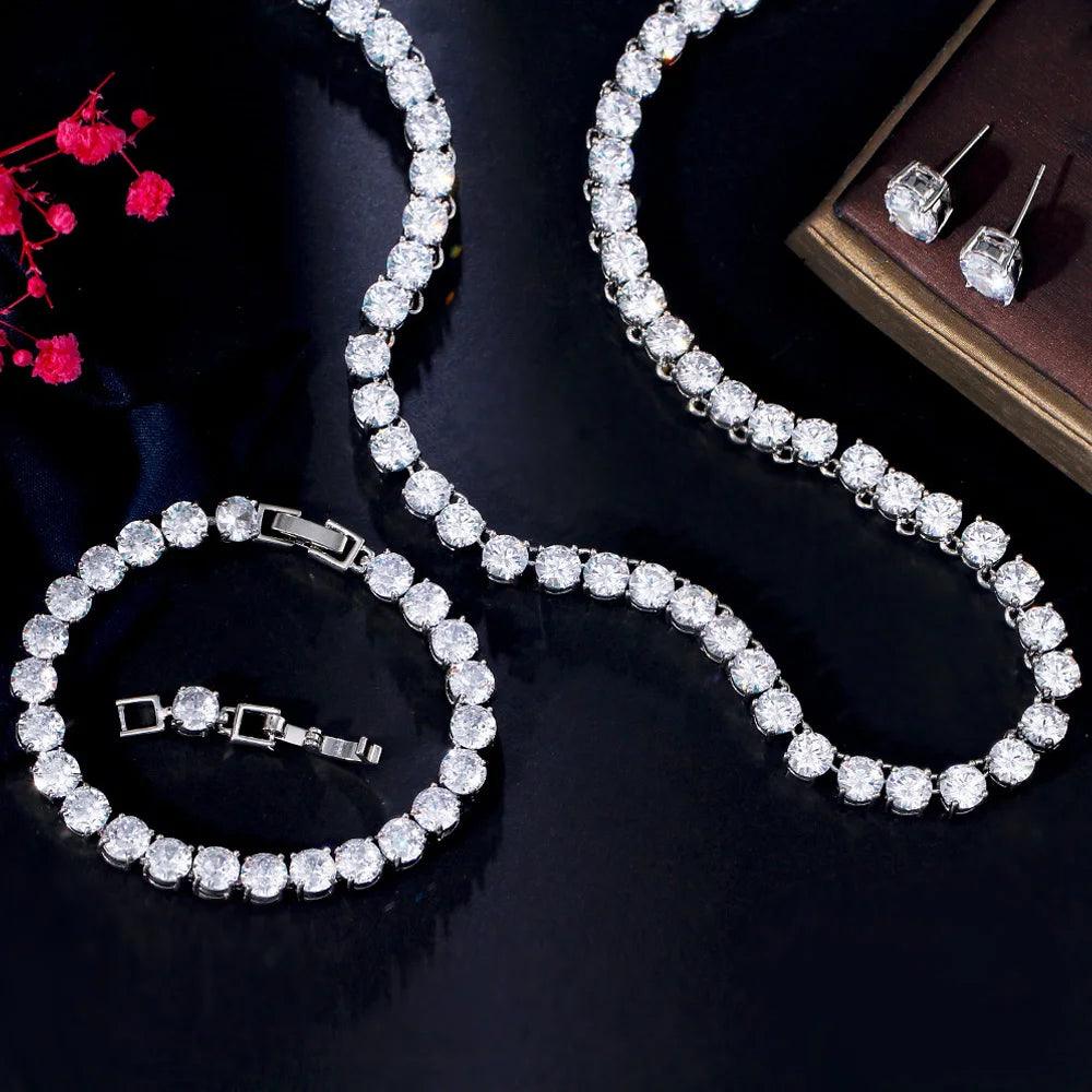 Shiny White CZ Crystal Tennis Wedding Jewelry Set – Choker Necklace, Earrings, and Bracelet (3-Piece Set)