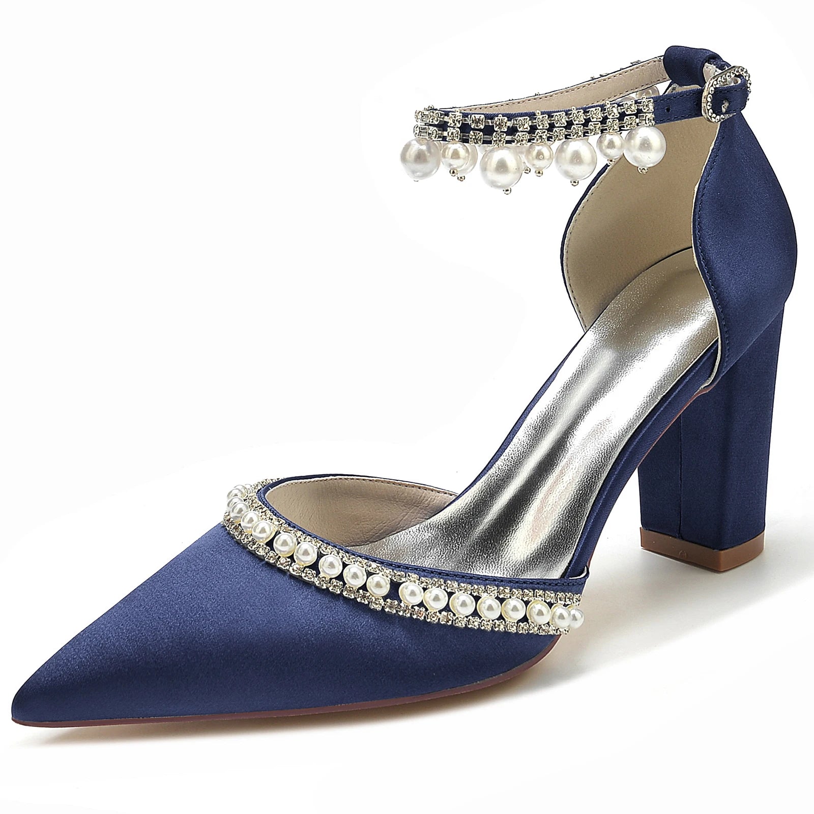 Elegant Satin Evening Pumps with Thick Block Heel, Pearls & Ankle Strap  -  Bridal, Prom, Party Shoes