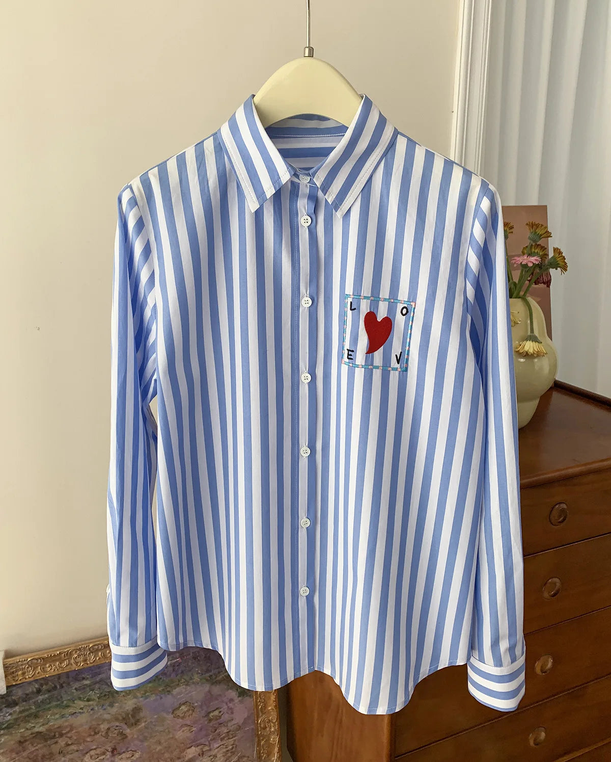 Early Spring Women's Striped Letters Love Lapel Buttoned Long Sleeve Top Shirt
