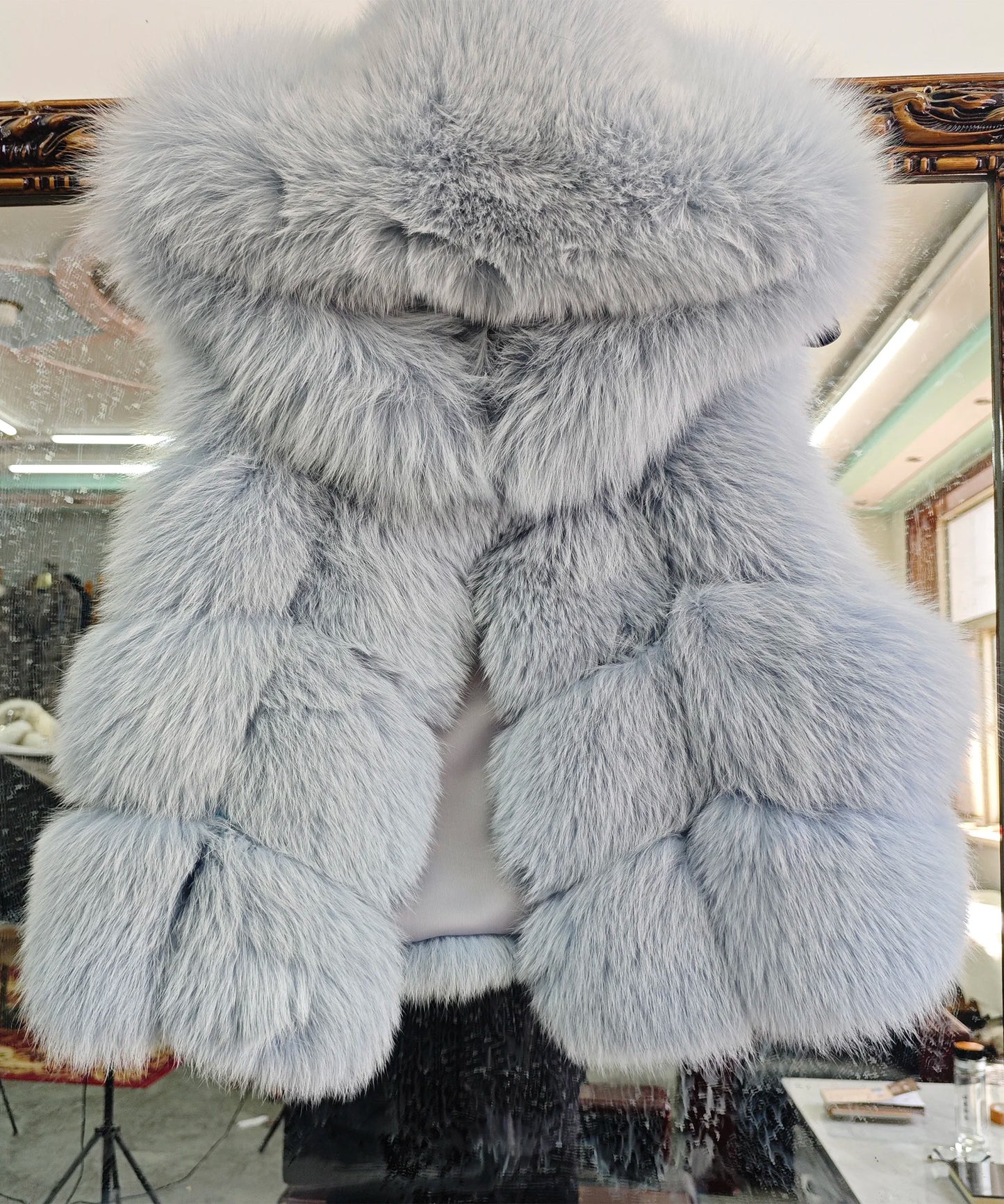 Real Fox Fur Vest Women's Genuine Silver Fox Short Jacket Sleeveless Hooded Fashion Casual Coats