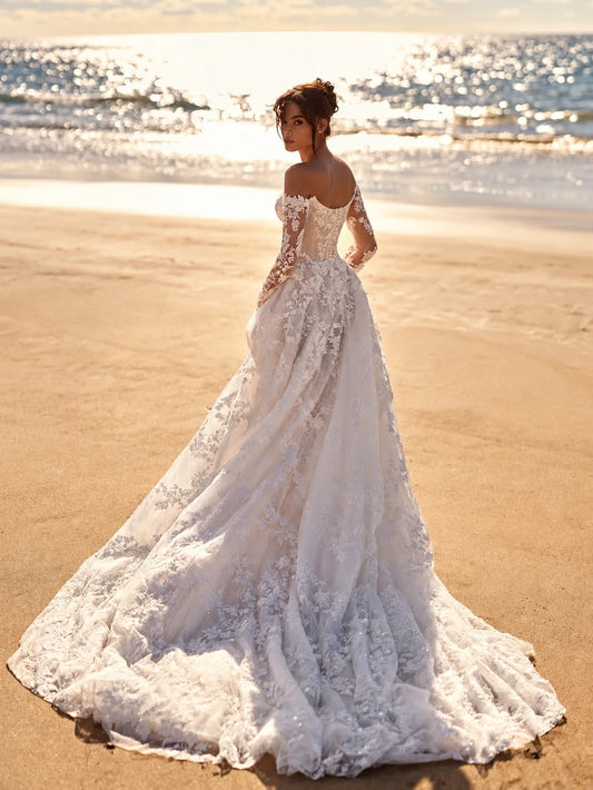 Ranmo New 2025 White A Line Wedding Dress Off Shoulder Long Sleeve Lace Wedding Gowns Luxury Boho Long Bridal Dress Customised - HER SHOP®
