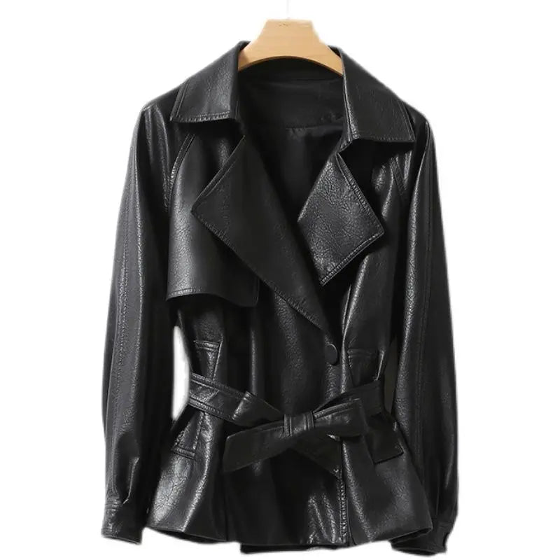 Fashionable Genuine Leather Jacket for Women Waist-Tied Loose Fit Black or Brown – Casual Luxury Outerwear