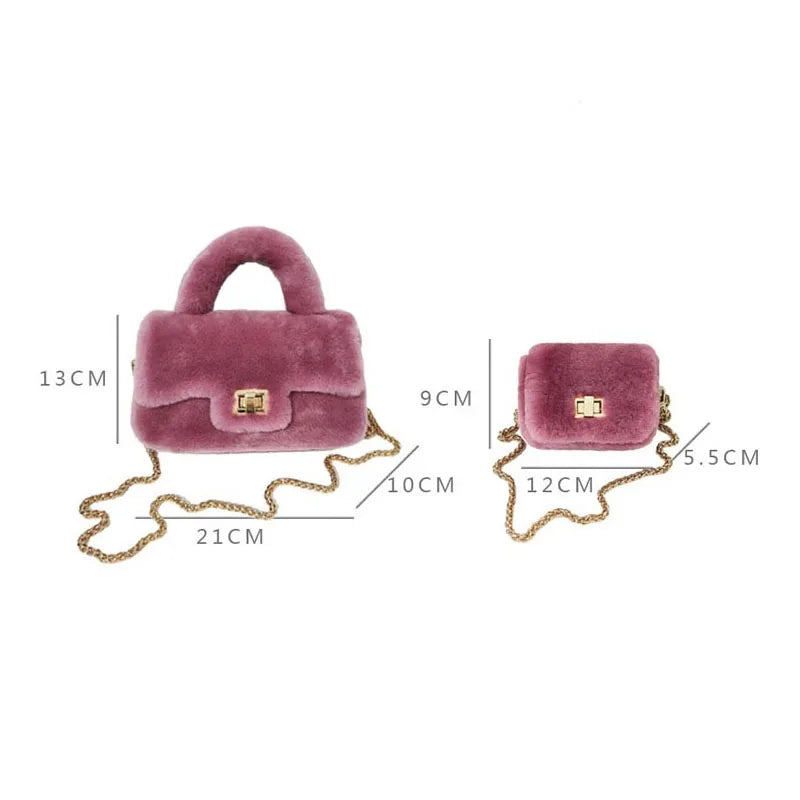 Lamb Fur Women’s Small Handbag – Soft Plush Chain Shoulder Bag & Fluffy Everyday Clutch