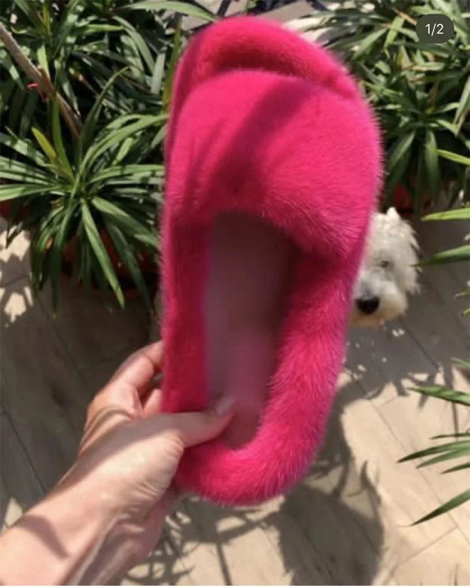 Luxury Real Mink Fur Slippers for Women – Summer Flat Slides with Plush Fur and Sheepskin Insole