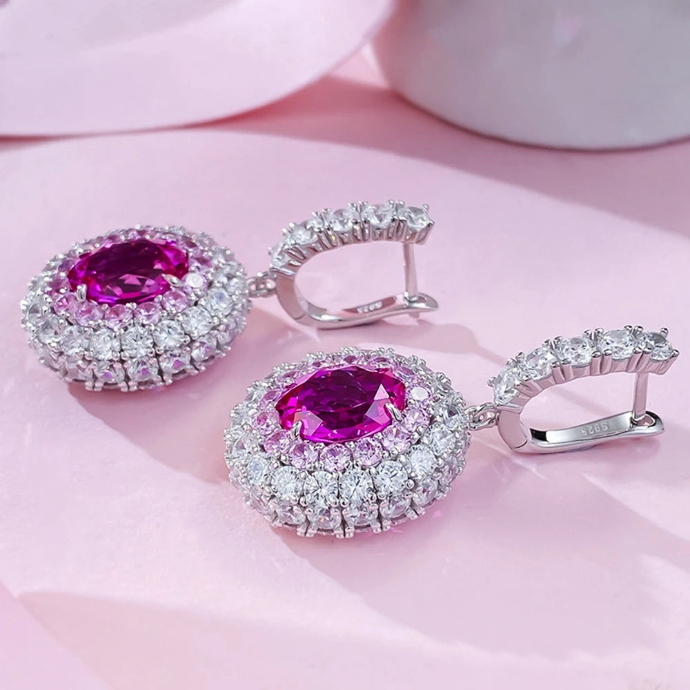 100% 925 Sterling Silver 8-M Oval Lab Sapphire Drop Earrings High Carbon Diamond Accents | Sparkling Fine Jewelry for Women