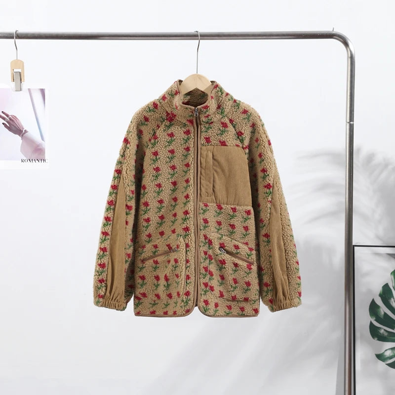 Retro Printed Plush Zipper Short Jacket Women Casual Loose High Neck Pocket Jackets Coat Lady 2025 Versatile Chic Street Outwear