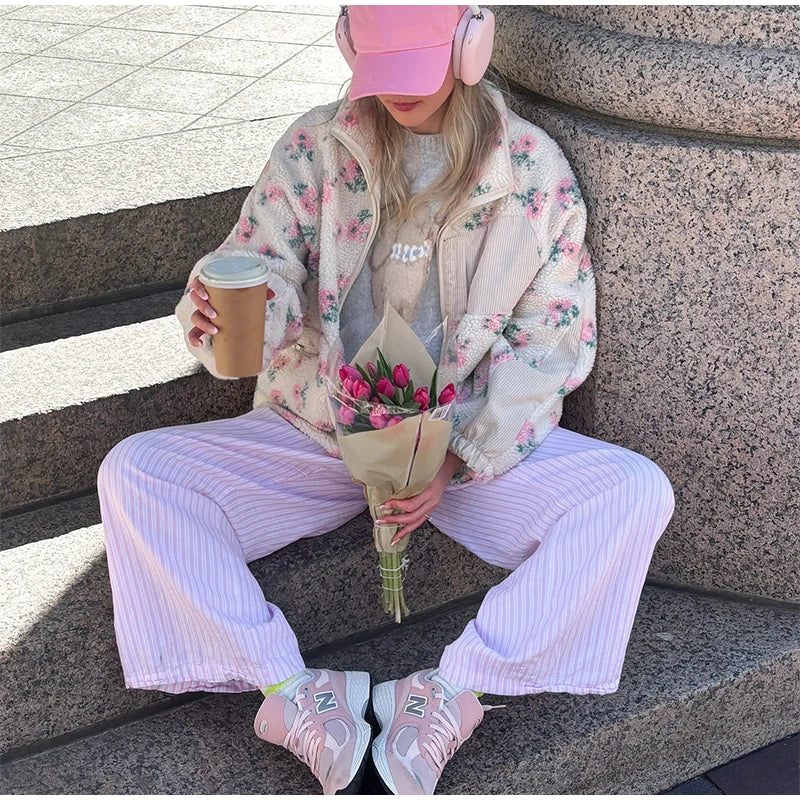 Retro Printed Plush Zipper Short Jacket Women Casual Loose High Neck Pocket Jackets Coat Lady 2025 Versatile Chic Street Outwear