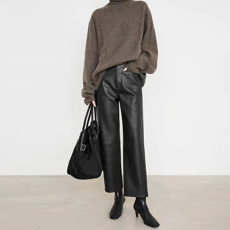 Genuine Sheepskin Leather Pants for Women Casual Loose Wide Leg Pants 2024 New Chic Lady Brown High Waist Ankle-Length Trousers