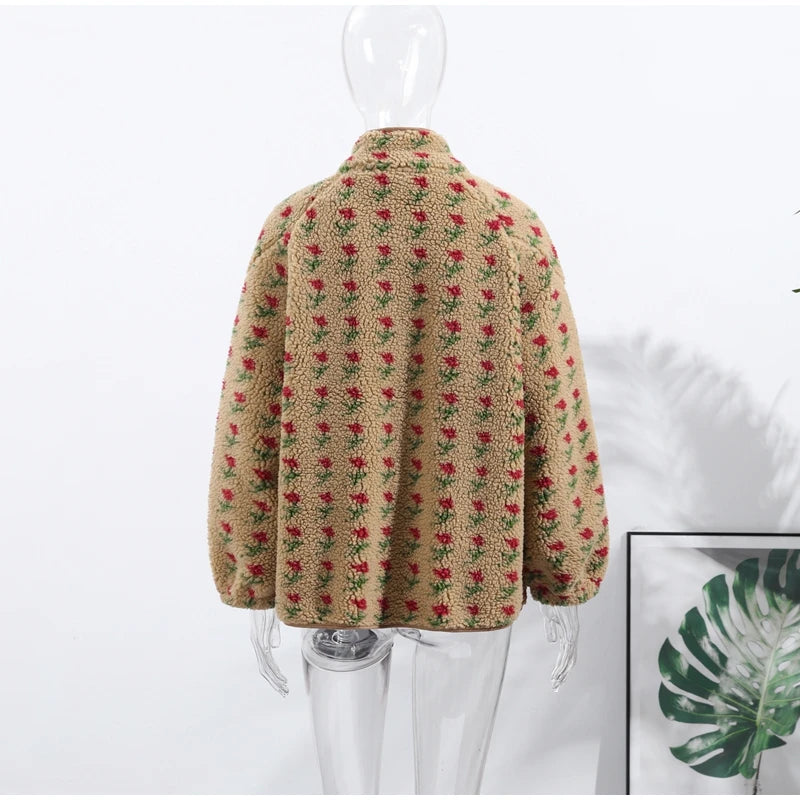 Retro Printed Plush Zipper Short Jacket Women Casual Loose High Neck Pocket Jackets Coat Lady 2025 Versatile Chic Street Outwear