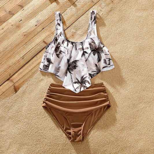 Family Matching Beach Outfits: Coconut Tree Print Swimwear  One-piece Swimsuit & Swim Trunks - HER SHOP