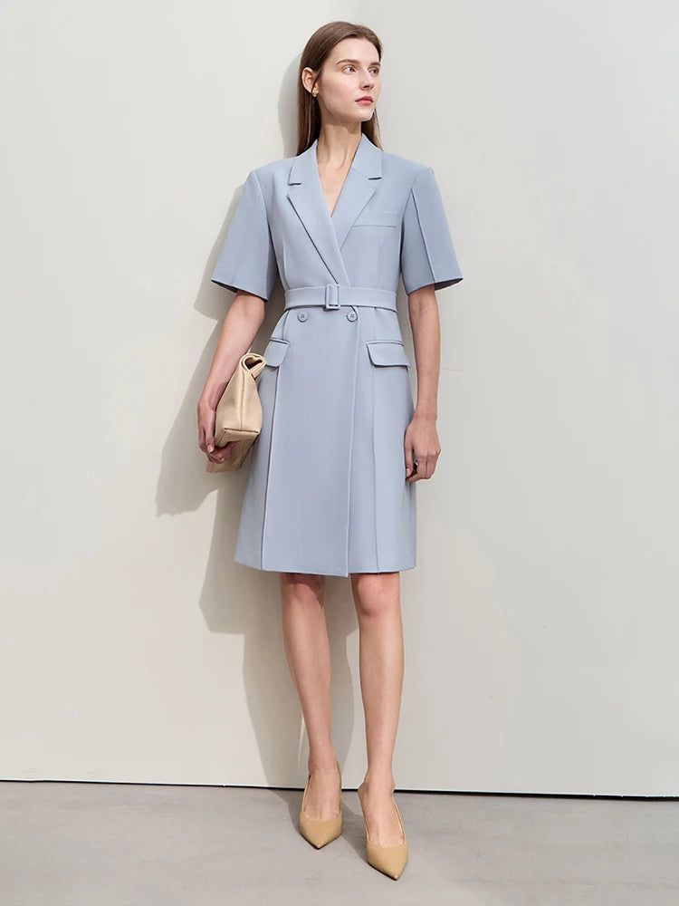 Minimalist Blazer Dress for Women - Spring New, Turn-Down Collar, Belted, Short-Sleeve Toothpick Pleated Dress