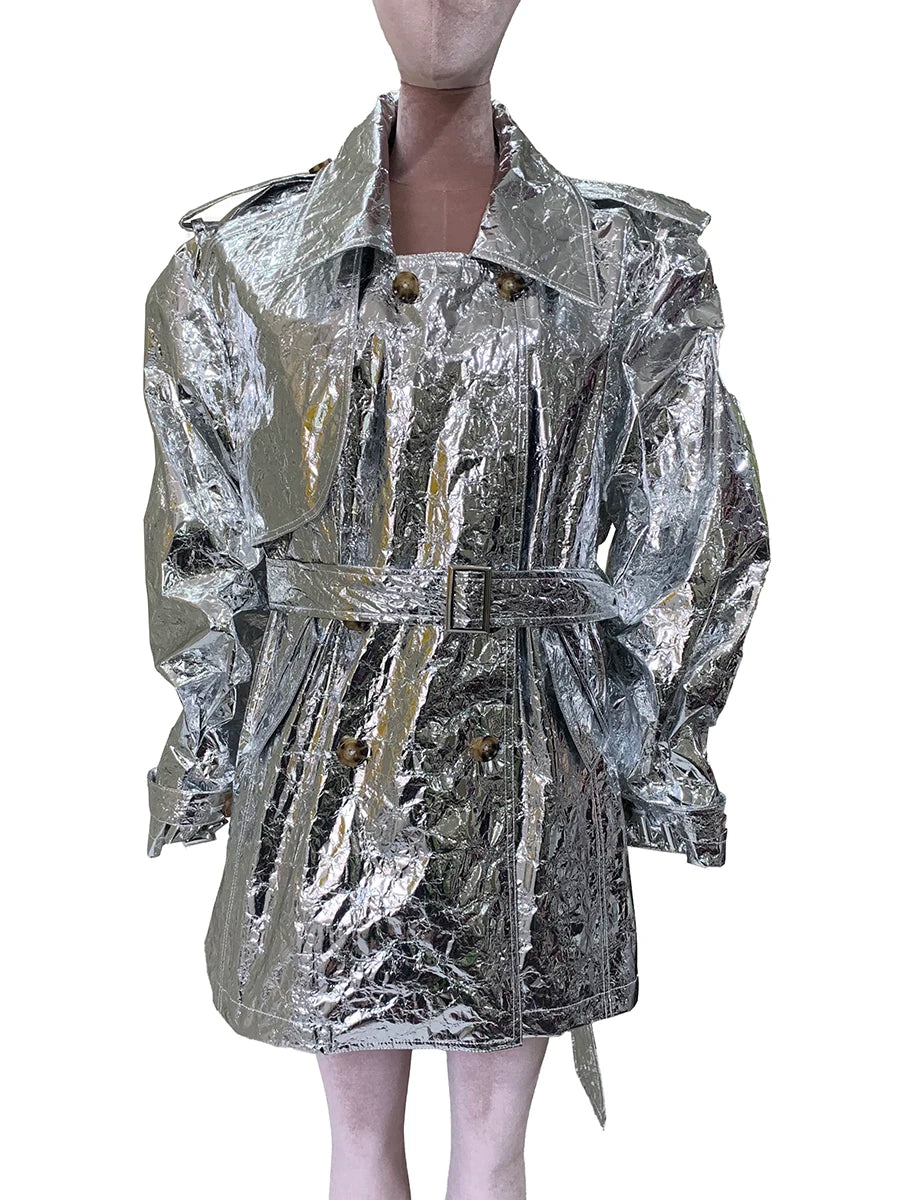 Autumn Oversized Shiny Silver Trench Coat for Women Belt Double Breasted European Fashion Emo Clothes Y2K Streetwear