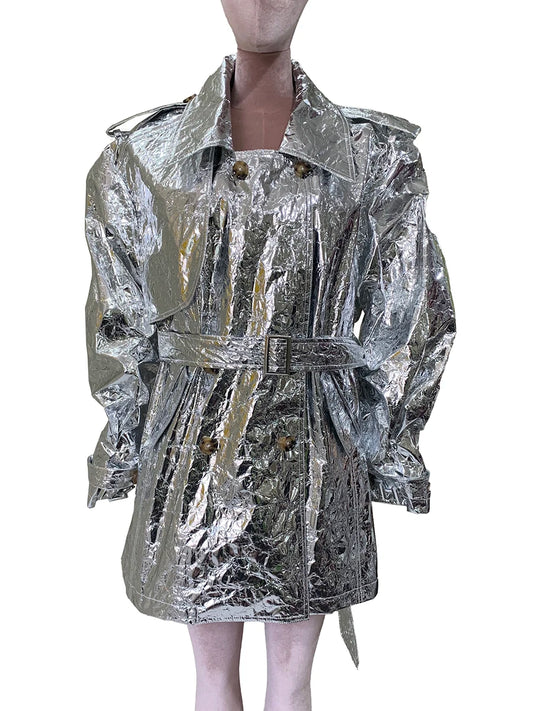 Autumn Oversized Shiny Silver Trench Coat for Women Belt Double Breasted European Fashion Emo Clothes Y2K Streetwear - HER SHOP