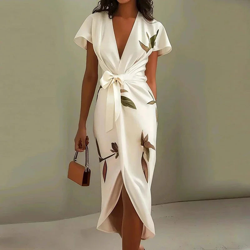 2025 Summer Tie-up Bow Long Dresses Elegant Floral Print Irregular Slim Boho Dress Woman Sexy V-Neck Knot Hollow Party Dresses - HER SHOP