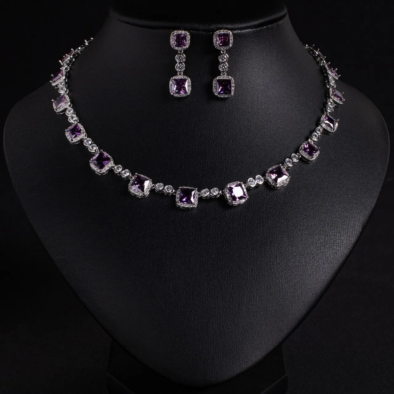 2-Piece Luxury Small Square Zirconia Jewelry Set Elegant Necklace & Earrings for Women | Party, Festival, Prom & Summer Date Look (S-650)