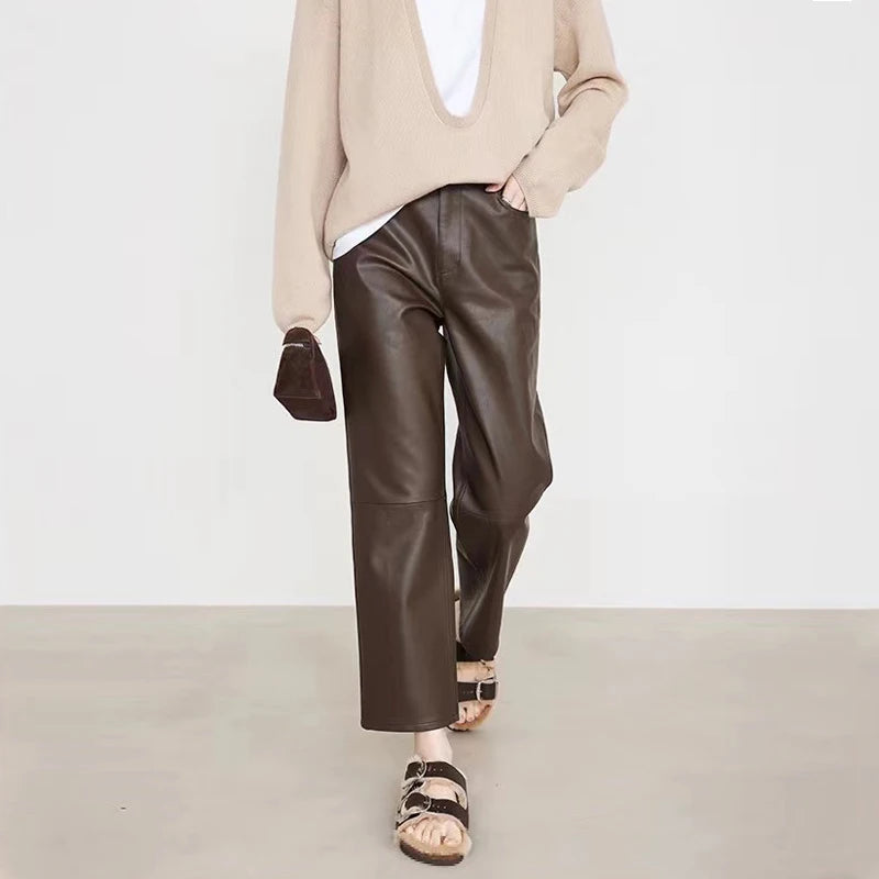 Genuine Sheepskin Leather Pants for Women Casual Loose Wide Leg Pants 2024 New Chic Lady Brown High Waist Ankle-Length Trousers