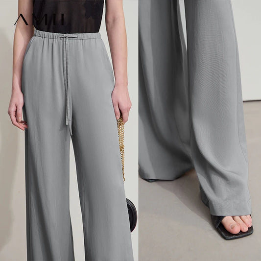 Women’s Solid Drawstring Wide Leg Pants – Casual Loose Full-Length Trousers New Fashion - HER SHOP