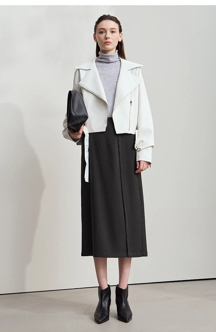 Minimalist Women's Brown Midi Skirt  |  2025 Autumn Retro Brushed Twill Side Slit Office Lady Skirt