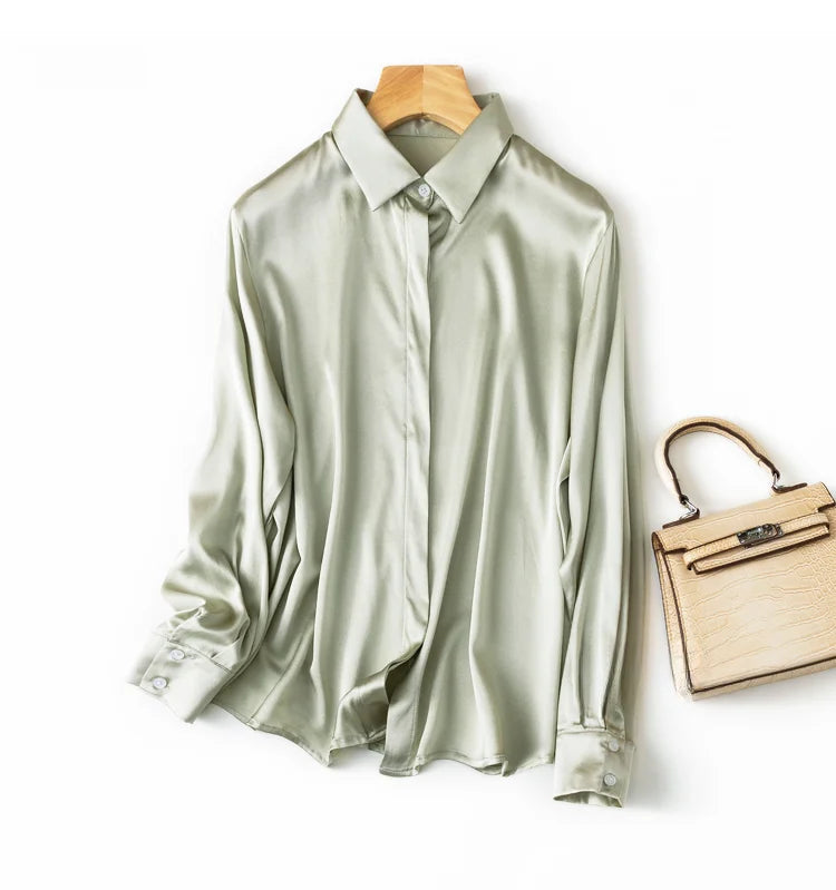 Women's 93% Mulberry Silk 7% Spandex 19 momme satin Silk Buttons down long sleeve shirt Top Blouse office work M L XL MM161