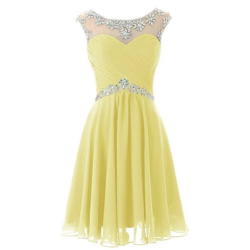 Yellow Chiffon Beaded Crystal Cocktail / Homecoming Dresses