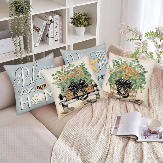 Set of four decorative pillows with home-themed designs. - HER SHOP