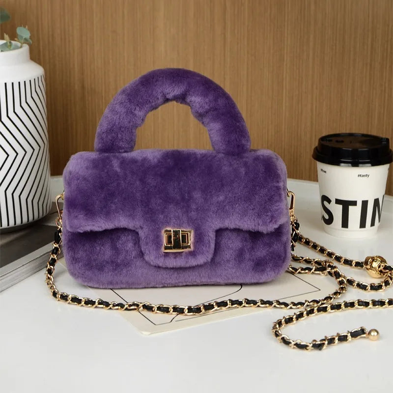Lamb Fur Women’s Small Handbag – Soft Plush Chain Shoulder Bag & Fluffy Everyday Clutch